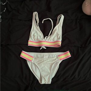 Xhilaration White Bikini with Neon Pink and Yellow Stripes